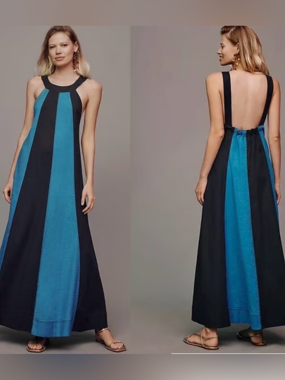 Maeve Anthropologie Ami Maxi Dress Linen Colorblock Halter Backless Blue Navy M